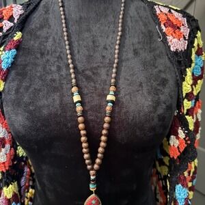 Wooden Bead Necklace with Colorful Fish Pendant